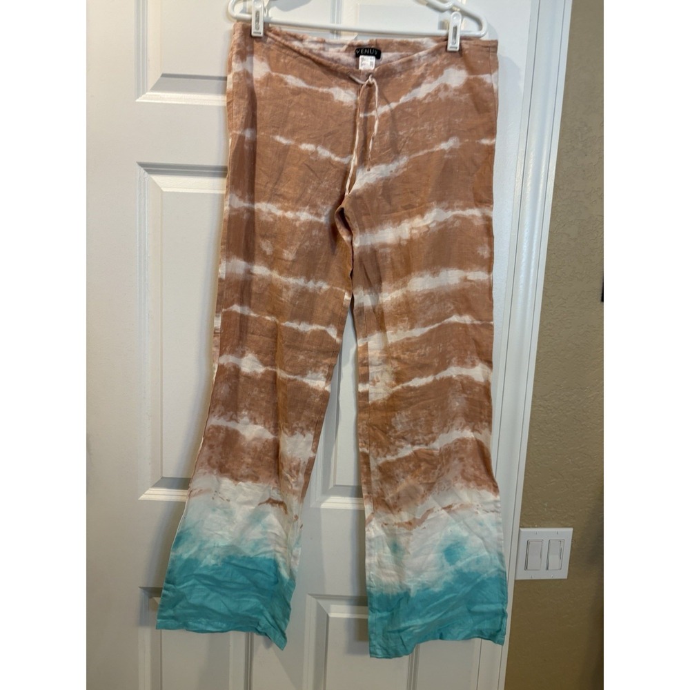 Venus‎ Tie-Dye Wide Leg 100% Linen Pants, Small, Resort Beach